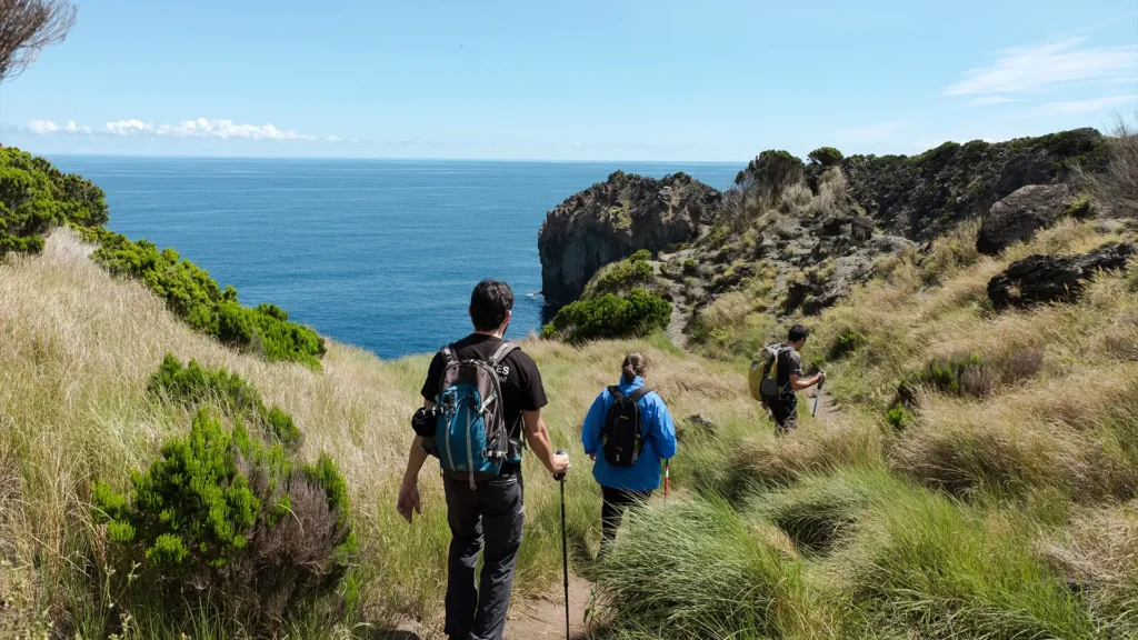 Three hikers walking down a coastal trail with ocean views and grassy terrain.
