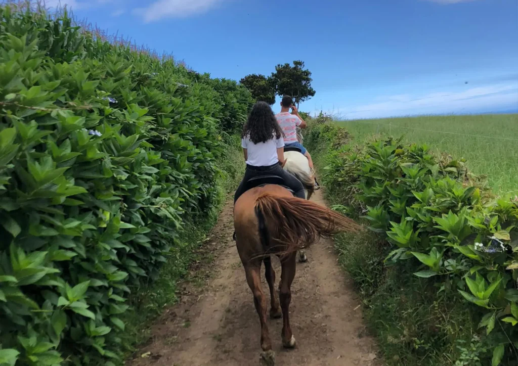 Two individuals riding horses along a narrow dirt path surrounded by greenery.