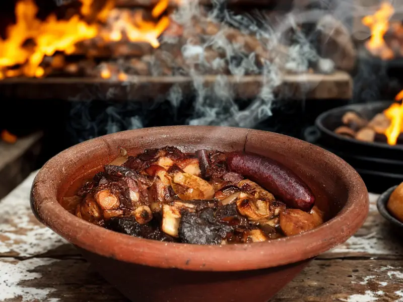 Clay pot filled with a traditional Azorean meal, featuring various meats and vegetables.