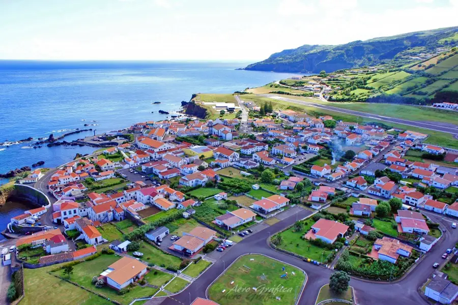 Aerial view of a residential area on Flores Island with houses and greenery near the coast.