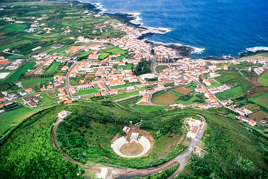 Aerial view of Graciosa Island showing coastal areas and green landscapes.