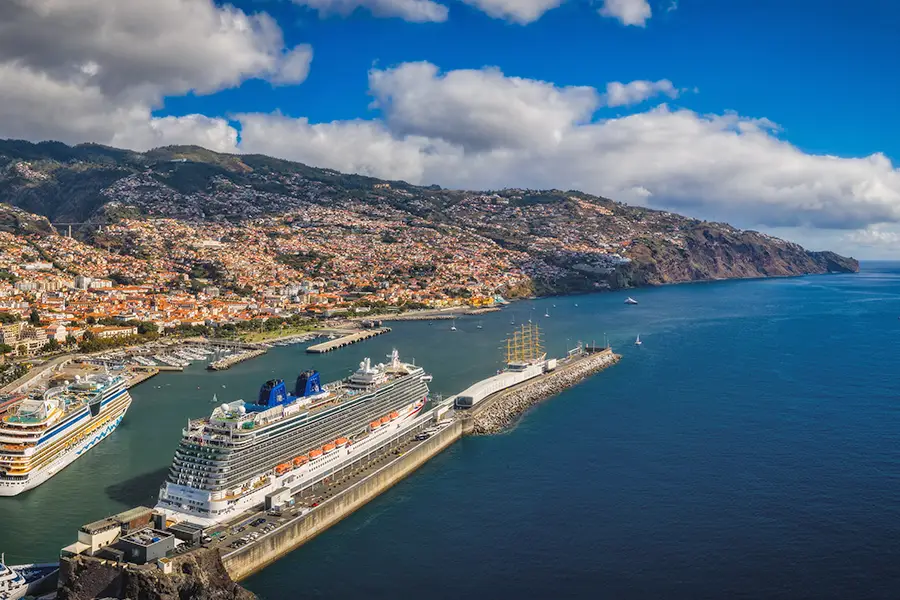 Aerial view of Madeira Island featuring cruise ships docked at the harbor and mountainous terrain in the background.